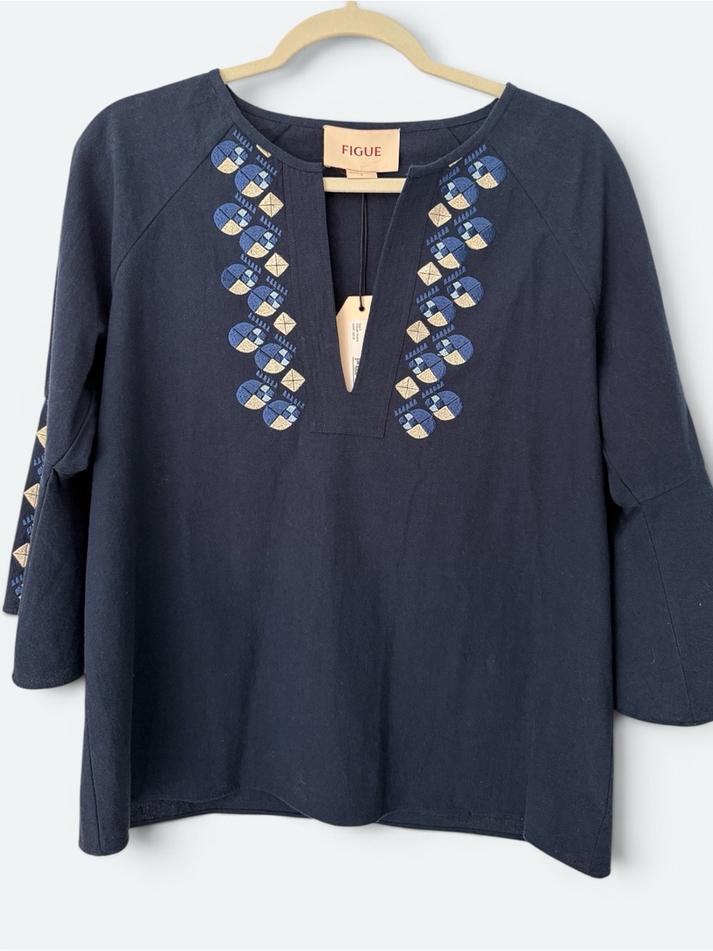 Figue Miri Embroidered 100% Cotton Top Navy  White Coastal Chic Boho Luxe S NWT
